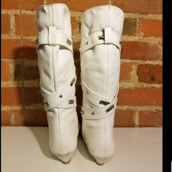 VINTAGE WHITE LEATHER BOOTS PUNK STUDDED STRAPPY SIZE 7/8 BIKER BABE ROCKER SEXY - Picture 9 of 11